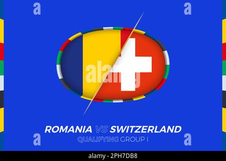 Romania vs Switzerland icon for European football tournament qualification, group I. Competition icon on the stylized background. Stock Vector