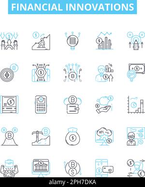 Financial innovations vector line icons set. Investment, Lending, Crowdfunding, Banking, Payments, Insurtech, Cryptocurrency illustration outline Stock Vector