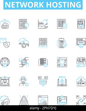 Network hosting vector line icons set. Webhosting, Cloudhosting, Networking, Colocation, Shared, Dedicated, Domains illustration outline concept Stock Vector