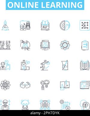 Online learning vector line icons set. eLearning, virtual, remote, digital, online, courses, tutoring illustration outline concept symbols and signs Stock Vector