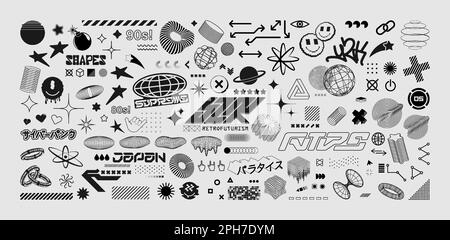 Retrofuturistic, y2k, rave trip elements set. Acid geometric shapes  Stock Vector