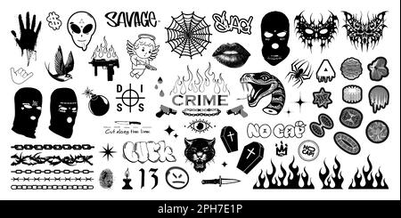 Crime elements, graphic set gang tattoo, brutalism elements Stock Vector