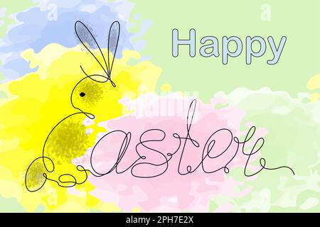 Easter lettering and Easter bunny in one continuous line against bright abstract watercolor stains in spring tones. One line contour drawing. Design for greeting, invitation, cards or poster, tag. EPS Stock Vector