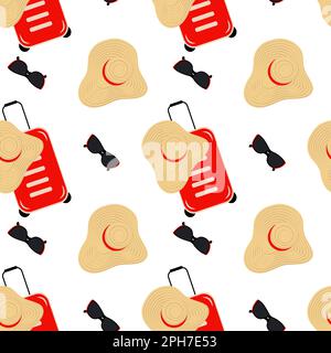 Seamless pattern of a travel suitcase, a wide brimmed hat and sunglasses in trendy bright hues. Isolate. Abstract background texture for poster, web or card. Happy World tourism day. Suitcase day. EPS Stock Vector