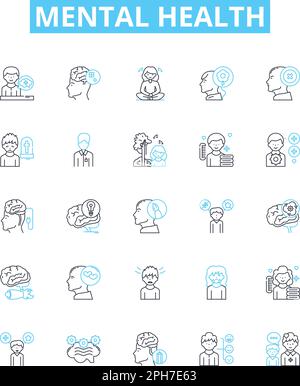 Mental health vector line icons set. Mental, health, psychological, wellbeing, stress, anxiety, depression illustration outline concept symbols and Stock Vector