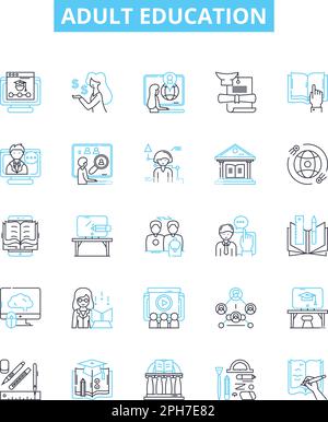Adult education vector line icons set. Adult, Education, Learning, Instruction, Training, Literacy, Courses illustration outline concept symbols and Stock Vector