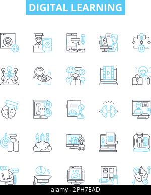 Digital learning vector line icons set. Digital, Learning, eLearning, Online, Technology, Course, Online-Learning illustration outline concept symbols Stock Vector