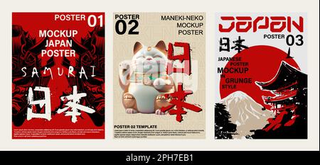 WebJapanese posters with traditional symbols of culture, Mengu, Maneki-neko Stock Vector