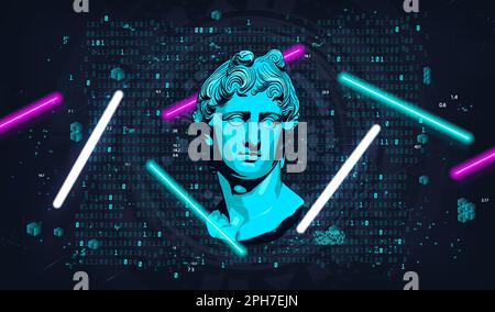Bust 3d against a futuristic background, binary code, and neon lamps Stock Vector