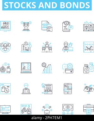 Stocks and bonds vector line icons set. Stocks, Bonds, Equities, Fixed income, Securities, Stock market, Bond market illustration outline concept Stock Vector