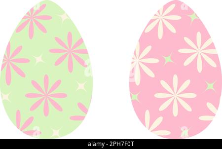 Set of two Easter eggs in trendy green and pink with pattern of abstract stars and flowers. Sticker. icon. Isolate. Design for poster, banner, brochures or greeting, price tag, label or booklet. EPS Stock Vector