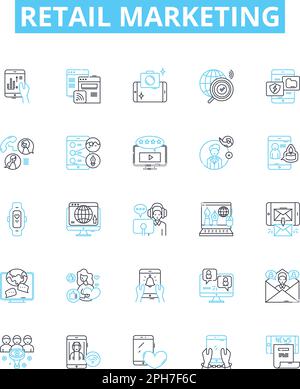 Retail marketing vector line icons set. Retailing, Merchandising, Advertising, Promoting, Selling, Branding, Targeting illustration outline concept Stock Vector