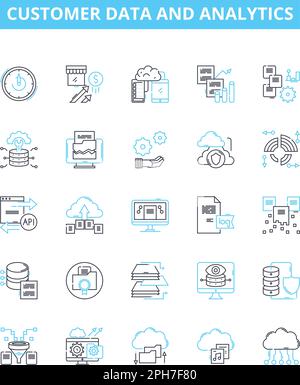 Customer data and analytics vector line icons set. customer, data, analytics, insights, profiling, segmentation, retention illustration outline Stock Vector