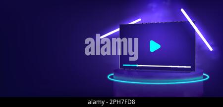 TV with a video player on the screen, stands on a futuristic platform with neon Stock Vector