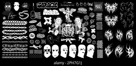 Brutalism, y2k, Neo-tribal, gangsta street elements collection Stock Vector