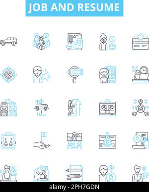 Job and resume vector line icons set. Job, Resume, Employment, Hiring, Interview, Career, Application illustration outline concept symbols and signs Stock Vector