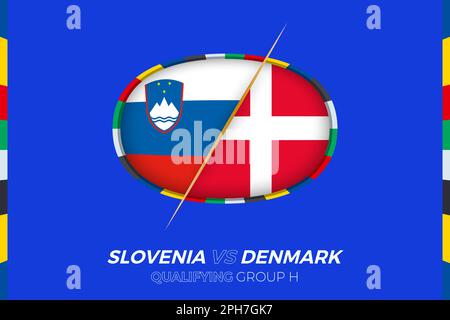 Slovenia vs Denmark icon for European football tournament qualification, group H. Competition icon on the stylized background. Stock Vector