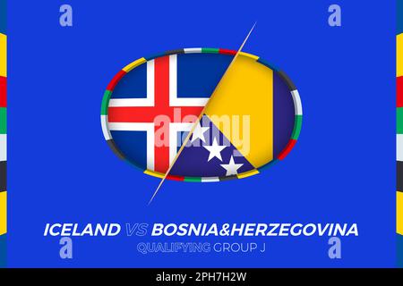 Iceland vs Bosnia and Herzegovina icon for European football tournament qualification, group J. Competition icon on the stylized background. Stock Vector