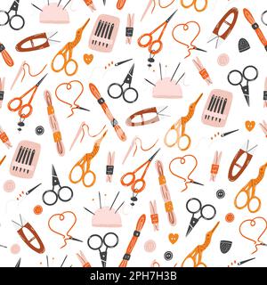 Seamless pattern with tools for embroidery, sewing, needlework. Hand drawn flat vector background with scissors, pincushion, floss, bobbins, needles. Stock Vector