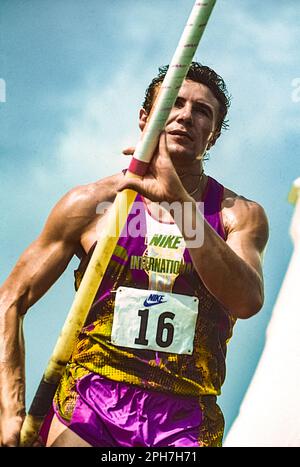 Sergey Bubka (URS) during a photo shoot for Nike International Athletics in the Olympic Stadium,Estadi Olímpic Lluís Companys, Barcelona, Spain 1991 Stock Photo