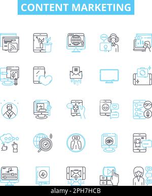 Content marketing vector line icons set. Content, Marketing, Strategy, Blogging, SEO, Social, Advertising illustration outline concept symbols and Stock Vector