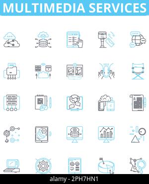 multimedia services vector line icons set. Multimedia, Services, Audio, Video, Animation, Messaging, Streaming illustration outline concept symbols Stock Vector