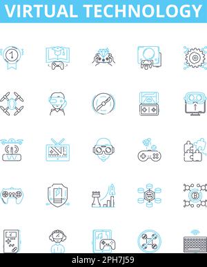 Virtual technology vector line icons set. Virtual, Technology, Cloud, Automation, Augmented, Networking, Simulation illustration outline concept Stock Vector