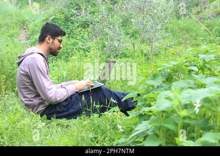 A man working with laptop in nature. Work outdoor concept idea. Stock Photo