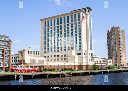 Virginia Portsmouth Elizabeth River water,city skyline downtown center centre buildings,Lightship Museum North Landing Renaissance hotel,062203 T0008 Stock Photo