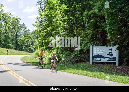 Virginia Appalachian Mountains Southern Appalachia Roanoke Blue Ridge Parkway,bikers bicycle bicycles bicycling biking riding riders sign,natural scen Stock Photo