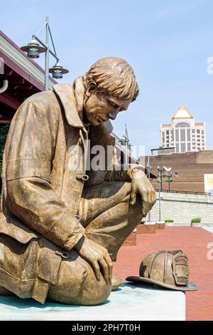 Virginia Roanoke Transportation Museum,history historic exhibit exhibition collection,statue statues Fallen Firefighter memorial, Stock Photo