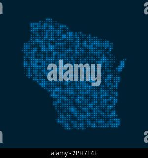 Wisconsin Map Blue Wisconsin dotted glowing map. Shape of the US state with blue bright ...
