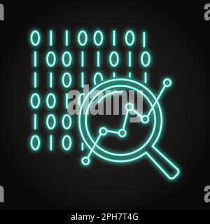 Data analysis neon icon in line style. Analyzing big data with magnifying glass symbol. Database information review. Vector illustration. Stock Vector