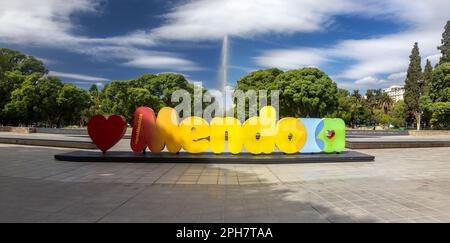 Big Block Letter Text Panorama at entrance to Plaza Independencia, Famous Tourist Landmark in Mendoza, Argentina City Park Center Stock Photo