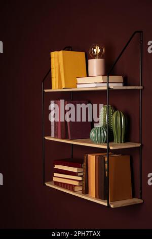 Shelves with different books, lamp and ceramic cacti on brown wall Stock Photo