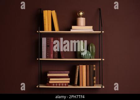 Shelves with different books, lamp and ceramic cacti on brown wall Stock Photo