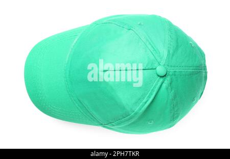 Stylish green baseball cap on white background, top view Stock Photo