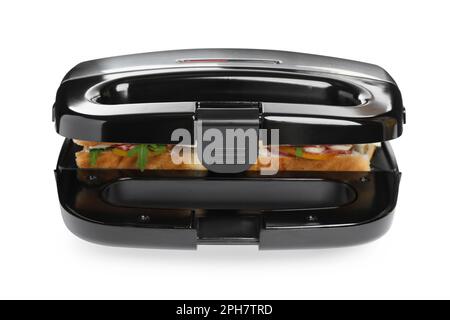 Modern grill maker with sandwiches on white background Stock Photo