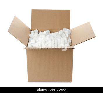 Cardboard box with styrofoam cubes isolated on white Stock Photo
