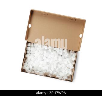 Cardboard box with styrofoam cubes isolated on white, top view Stock Photo