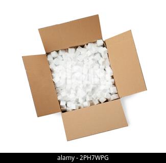 Cardboard box with styrofoam cubes isolated on white, top view Stock Photo
