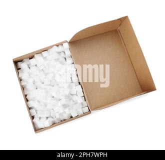 Cardboard box with styrofoam cubes isolated on white, top view Stock Photo