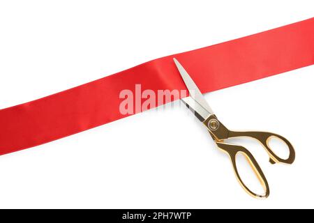 Cutting Red Ribbon Scissors White Background Opening Procedure