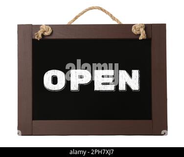 Small chalk board with word Open isolated on white Stock Photo