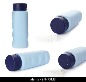 Set of baby powder bottles on white background Stock Photo