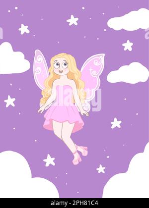 Young girl with the butterfly wings enthusiastic, near the clouds and stars. Hand drawn. Vector illustration. Stock Vector