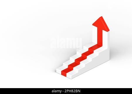 Red arrow up with white stair on white background, 3D arrow climbing up over a staircase,Business concept of goals, success, ambition, achievement and Stock Photo