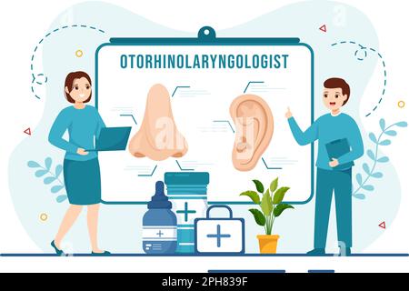 Otorhinolaryngologist Illustration with Medical Relating to the Ear, Nose and Throat in Healthcare Flat Cartoon Hand Drawn Landing Page Templates Stock Vector