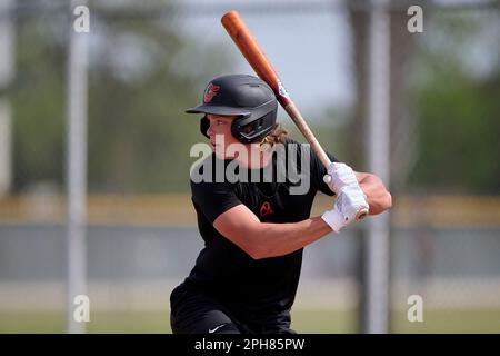 Baltimore Orioles Jackson Holliday (87) on deck during a spring training  baseball game against the Toronto Blue Jays on March 1, 2023 at Ed Smith  Stadium in Sarasota, Florida. (Mike Janes/Four Seam