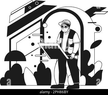 Male engineer creating blueprints and plans illustration in doodle style isolated on background Stock Vector